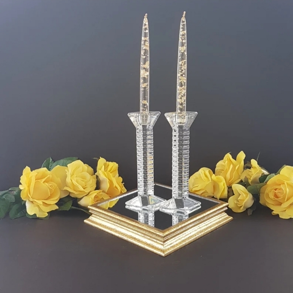 Vintage Crystal Candle Holder Set of 2, Geometric Shape